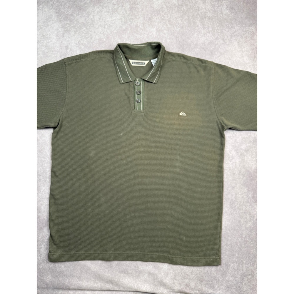VTG Quiksilver Mens L Polo Shirt Olive Green Waffle Knit Short Sleeve Casual Y2K